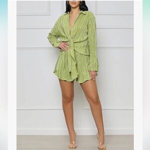 Fore Olive Green Plisse Crinkle Pleat Lounge Set New